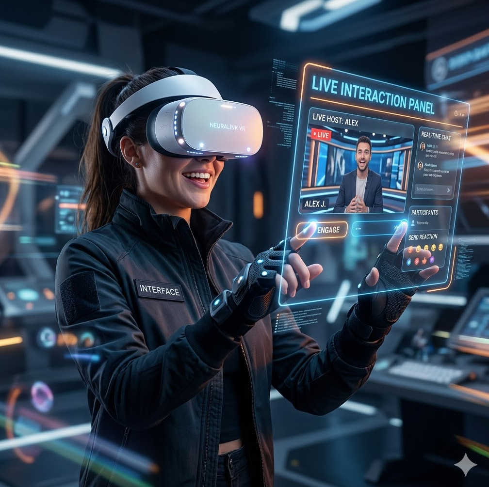 미래형 VR 헤드셋을 착용한 유저가 공중에 띄워진 가상 라이브 패널을 터치하며 호스트와 실시간으로 상호작용하는 모습 미래형 VR 헤드셋을 착용한 유저가 공중에 띄워진 가상 라이브 패널을 터치하며 호스트와 실시간으로 상호작용하는 모습