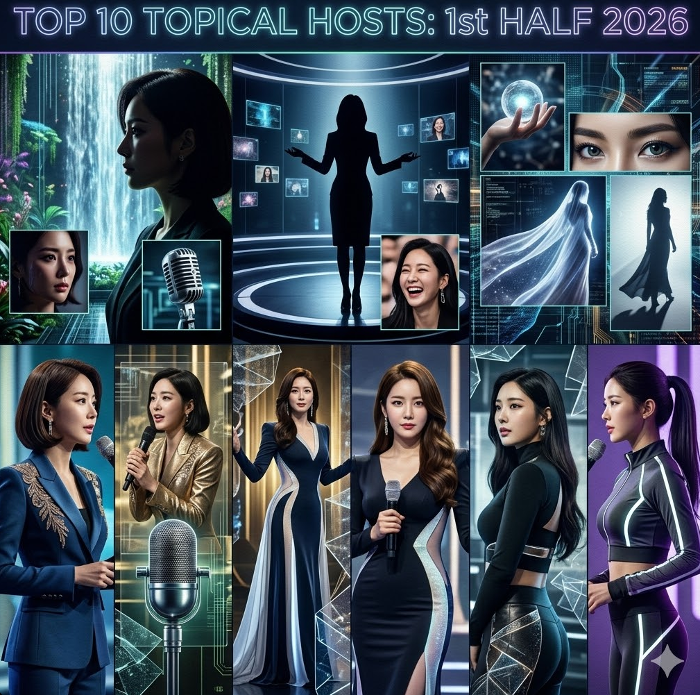 2026년 상반기 최고의 화제를 모은 TOP 10 호스트들의 실루엣과 명장면이 담긴 고화질 콜라주 2026년 상반기 최고의 화제를 모은 TOP 10 호스트들의 실루엣과 명장면이 담긴 고화질 콜라주