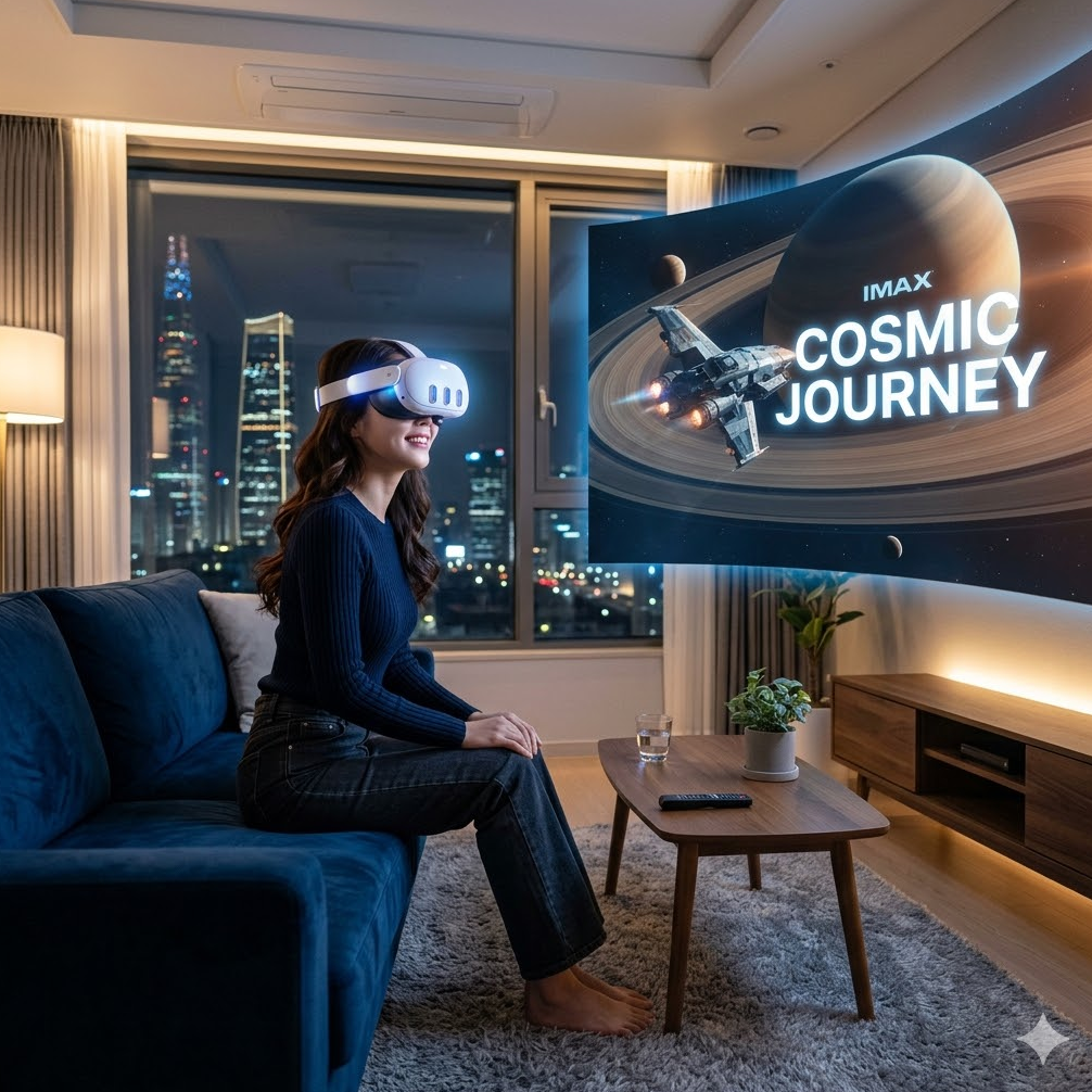 VR 헤드셋을 착용하고 거실에서 아이맥스급 대화면으로 콘텐츠를 즐기는 미래 시청 환경 VR 헤드셋을 착용하고 거실에서 아이맥스급 대화면으로 콘텐츠를 즐기는 미래 시청 환경