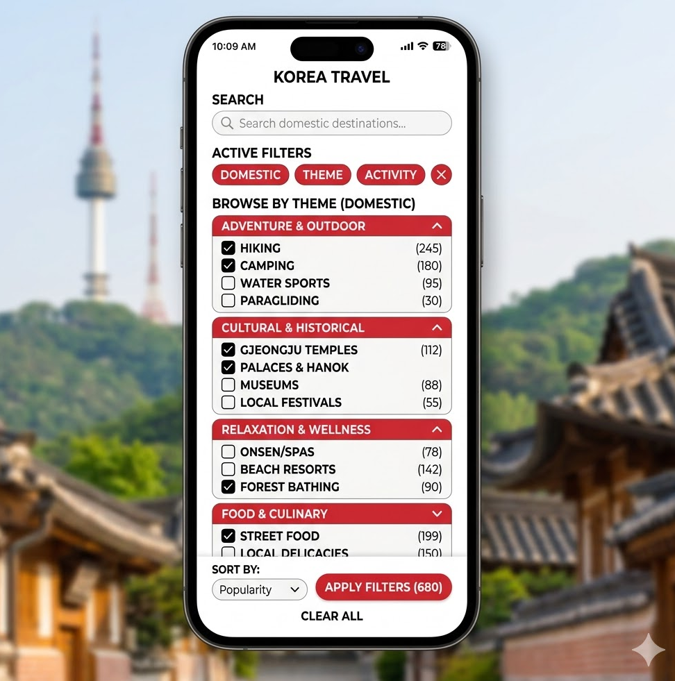필터·태그 메뉴 스크린샷, 국내 테마 목록과 세부 옵션이 펼쳐진 검색 화면 필터·태그 메뉴 스크린샷, 국내 테마 목록과 세부 옵션이 펼쳐진 검색 화면